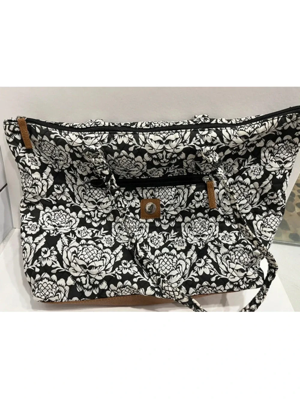 Stone Mountain, New York shoulder bag tote black white floral print canvas 17”